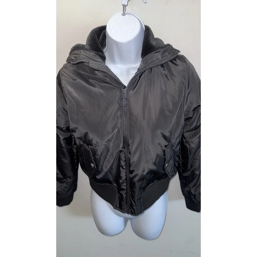 Fashion Nova Kids Black Bomber Jacket Faux Fur Hooded Zip Up Size 14/16 NYl
